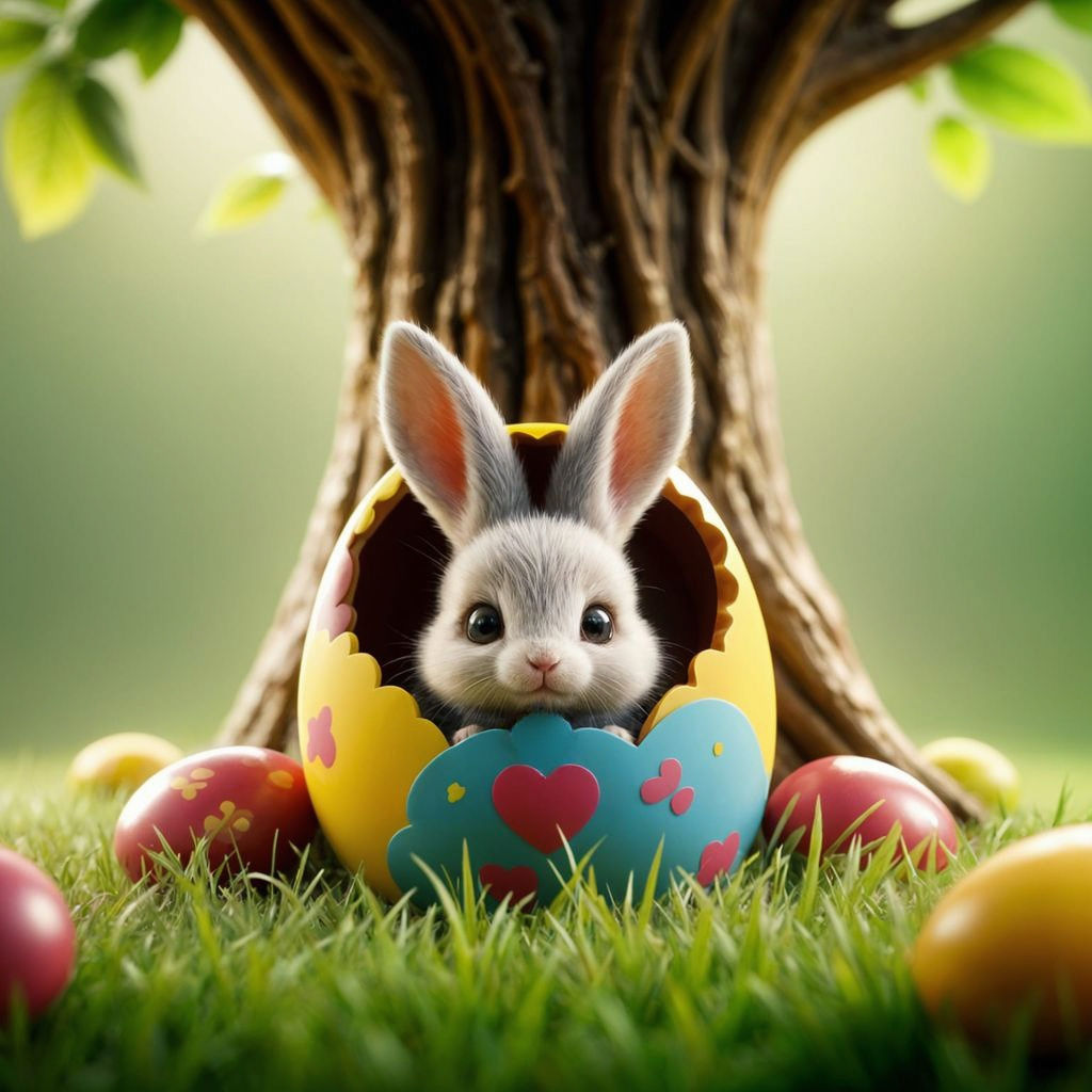 Vibrant Bunny Hides in a Whimsical Easter Egg Oasis