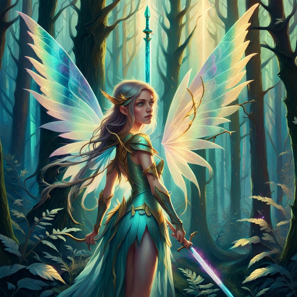 Mystical Sword Fairy in Enchanting Forest Oil Painting