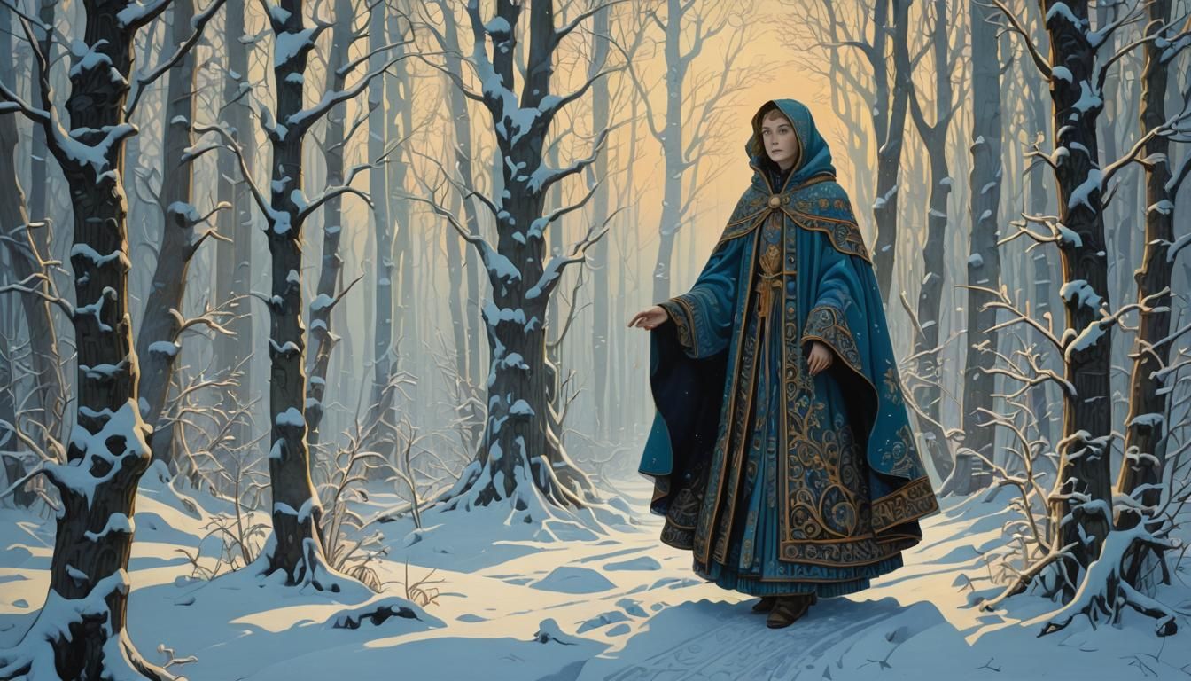 Snegurochka in Winter Forest, Art Nouveau Style