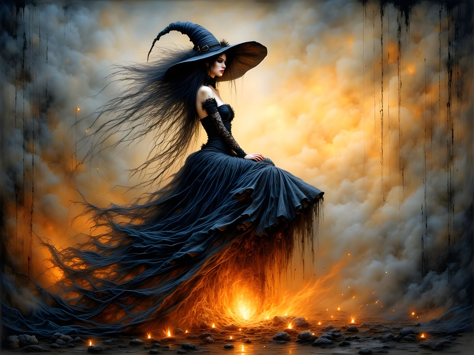 Surreal Witch Dances Amidst Fiery Hearths in Vibrant, Expres...