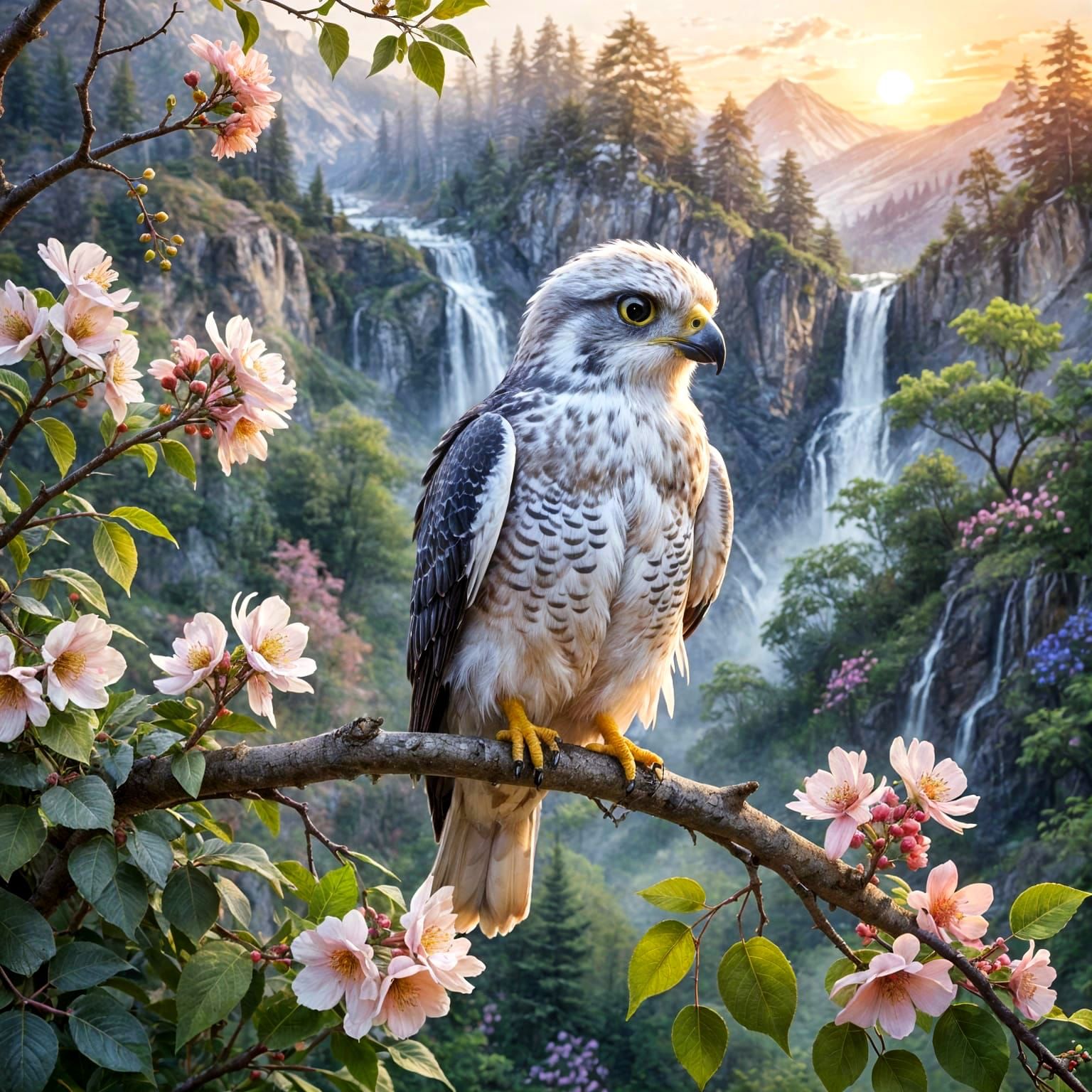 Vibrant Triadic Falcon in Whimsical Valley Landscape