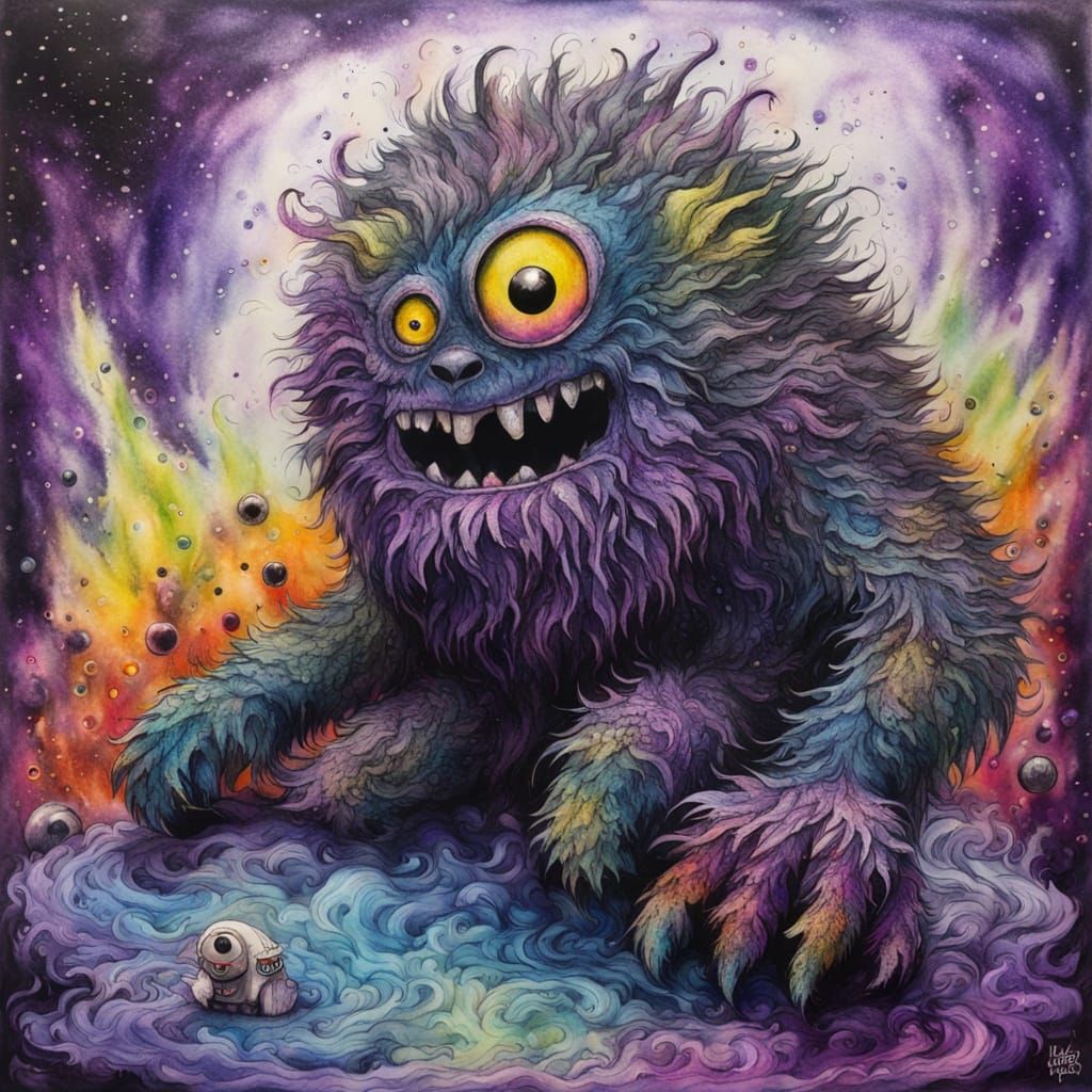 Fuzzy Monster on Hoverboard in Galactic Diorama