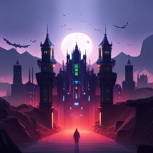 Gothic Castle Sunset with Bats in Cyberpunk Style