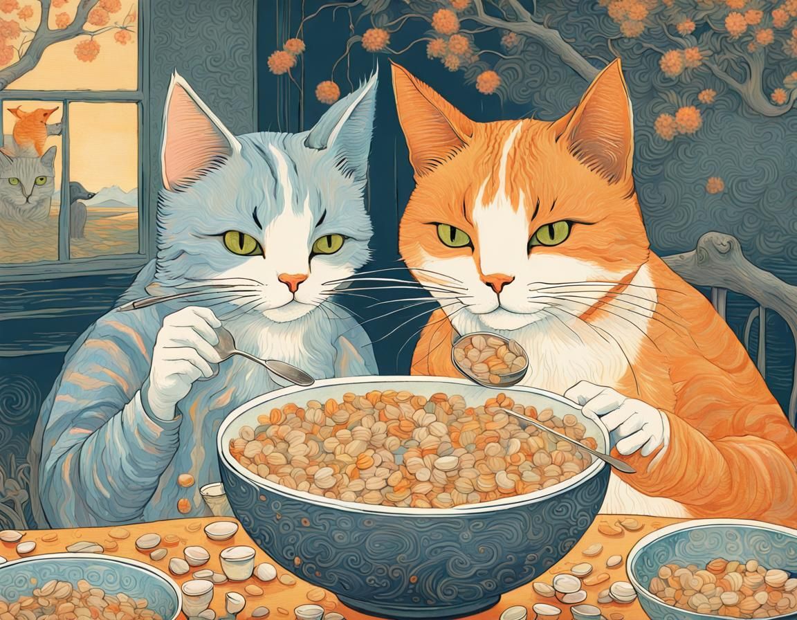 Cats at Breakfast: A Detailed Fantasy Illustration