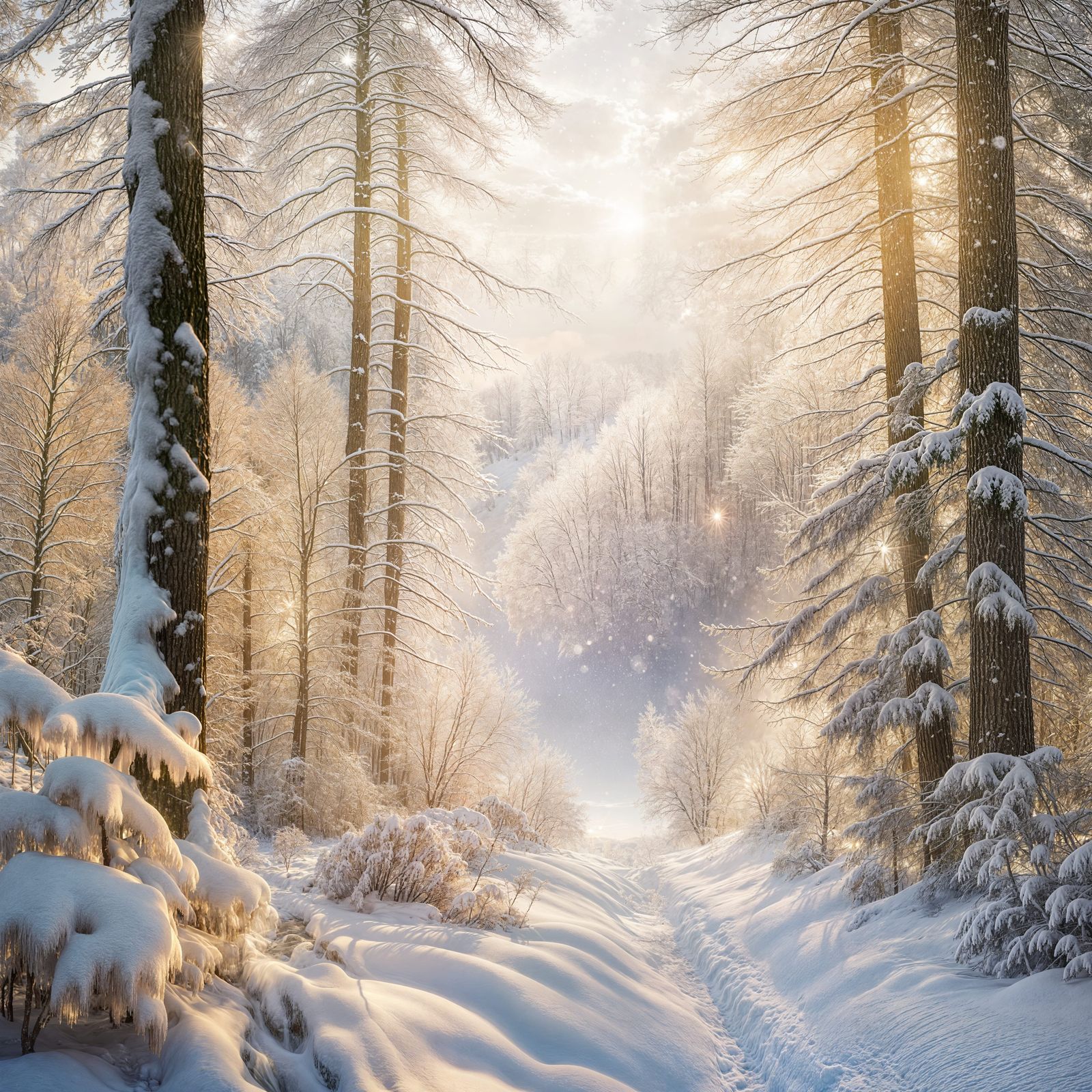 Sunlit Snowy Forest: A Winter Wonderland Vista