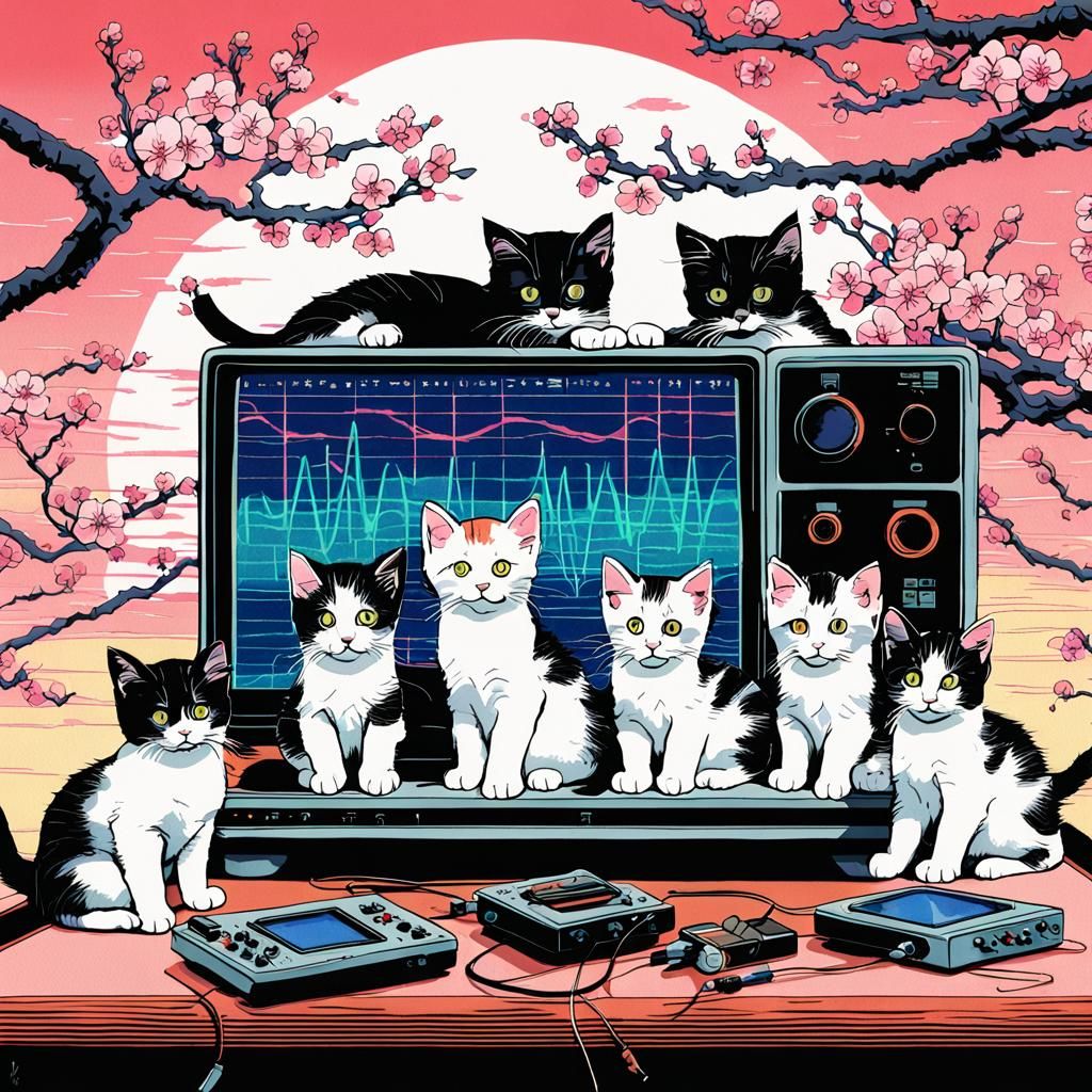 Kittens Observe Oscilloscope in Ukiyo-e Style