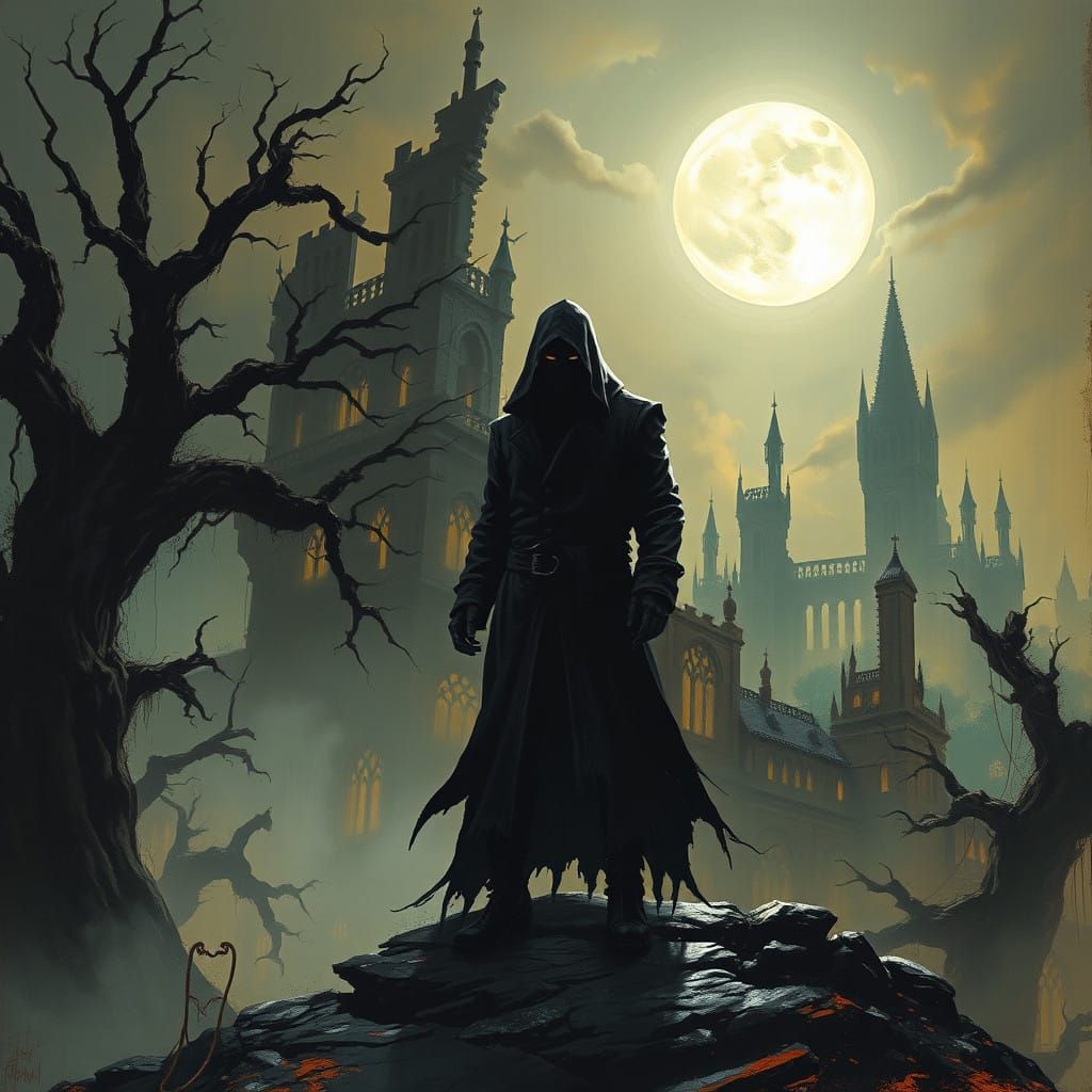 Brooding Figure in a Desolate, Moonlit Cityscape
