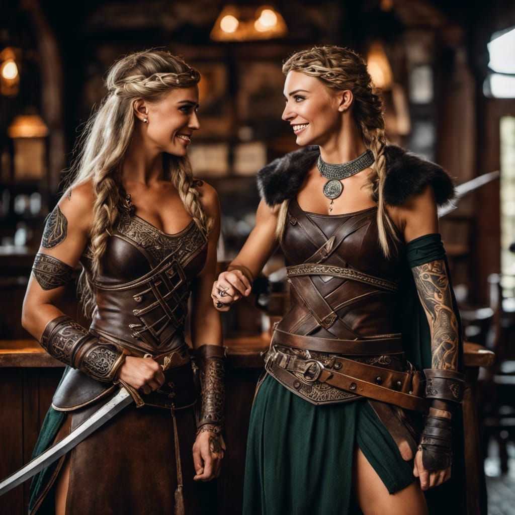two female warriors in ancient pub bonding