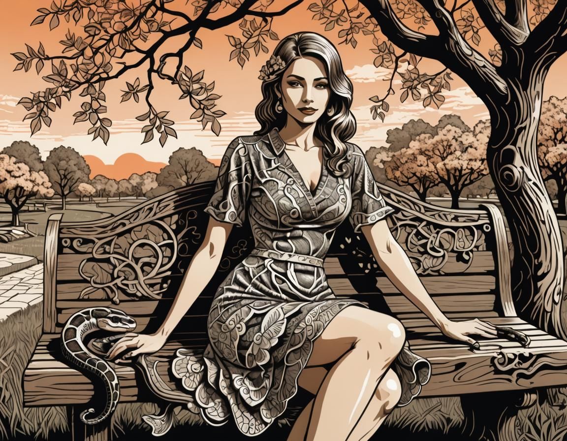 Girl with Snake on Bench, Woodcut Illustration