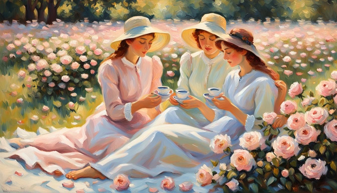 Impressionist Women in Rose Garden with Soft Light