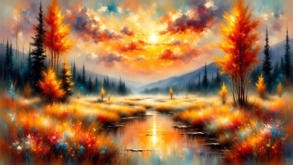 Yellowstone Sunset in Impressionistic Style