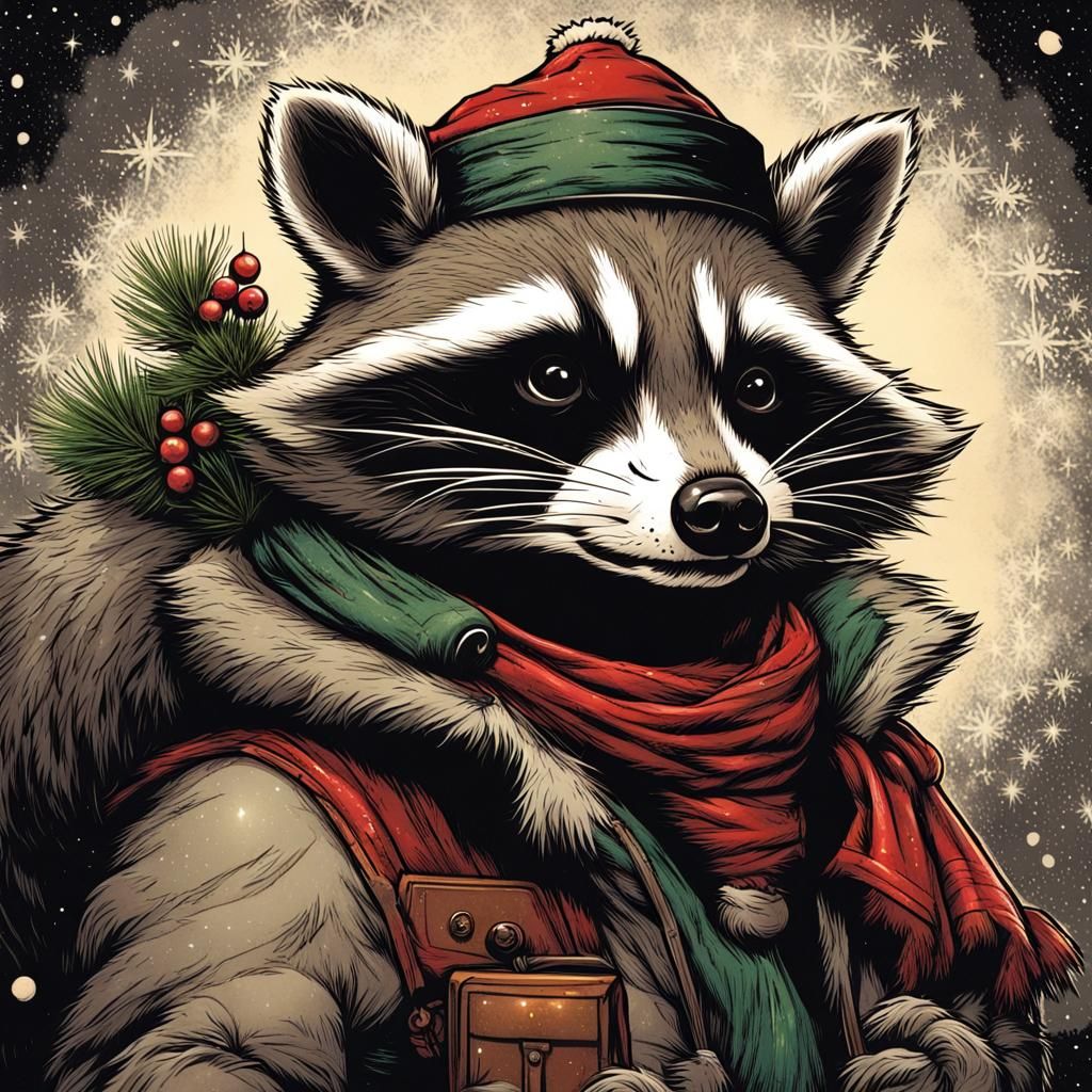 Vintage Christmas Raccoon Illustration in Comic Book Style