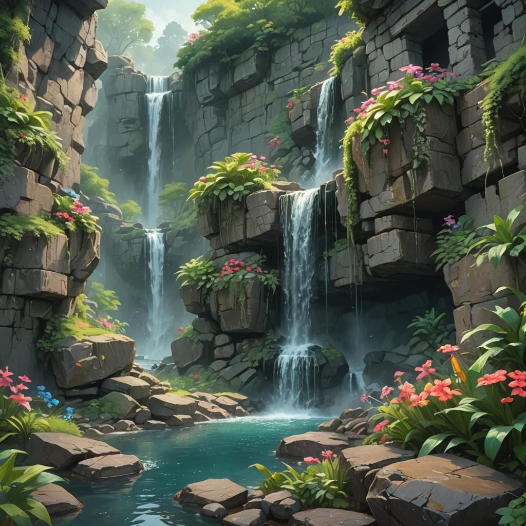 Mystical Waterfall Fantasy Landscape in Digital Painting Sty...