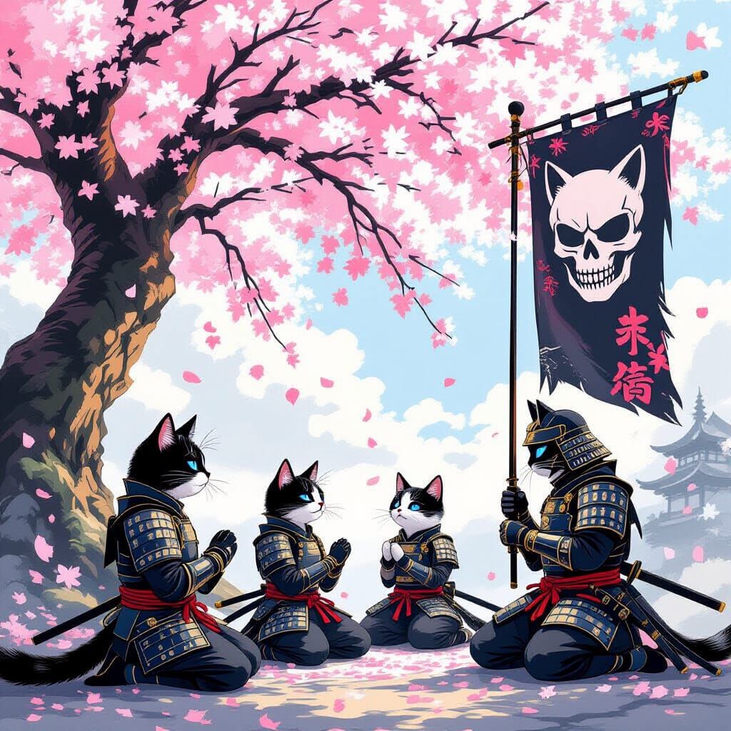 Samurai Cats Praying Under Cherry Tree, Japanese Art Style