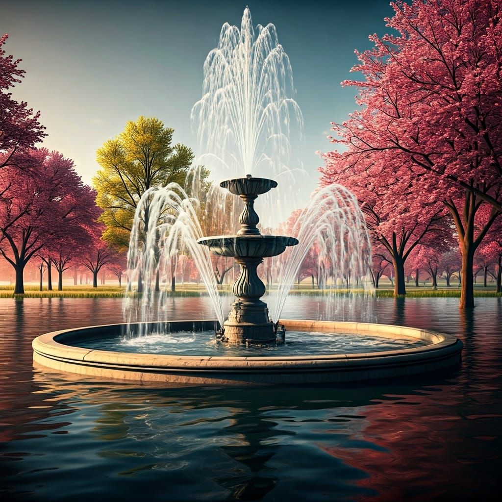 Majestic Fountain in Flooded Cityscape with Flowering Trees