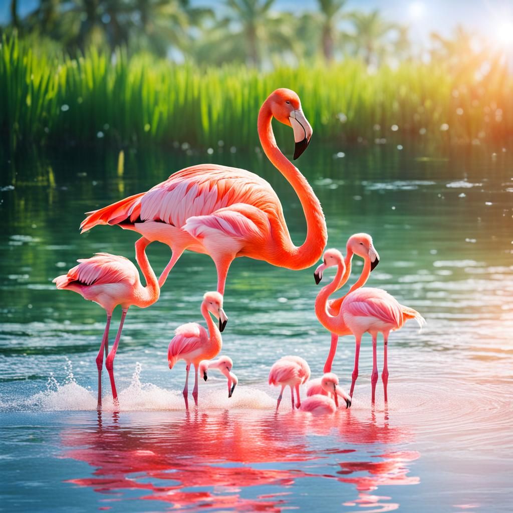 Flamingo Family in Sunny Waters