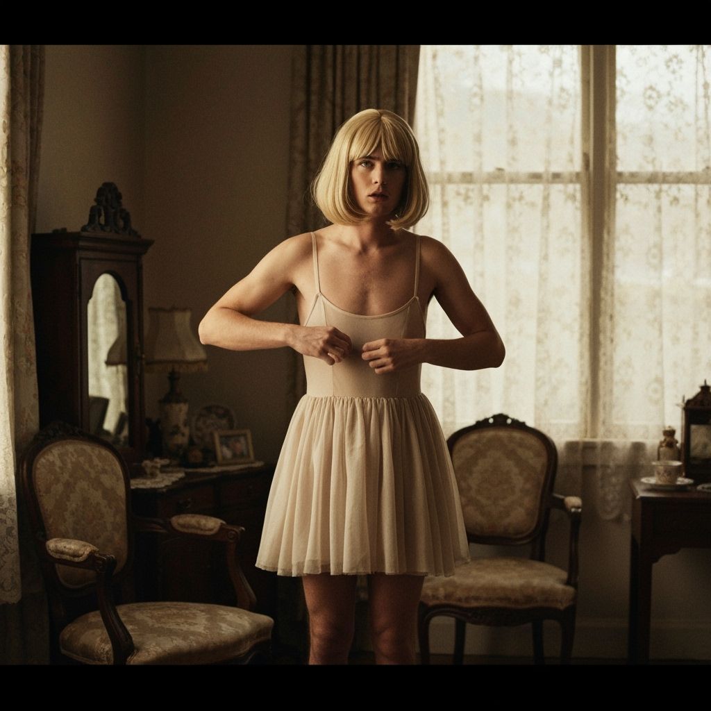 Crossdressed Man Adjusts Dress in Vintage Dressing Room