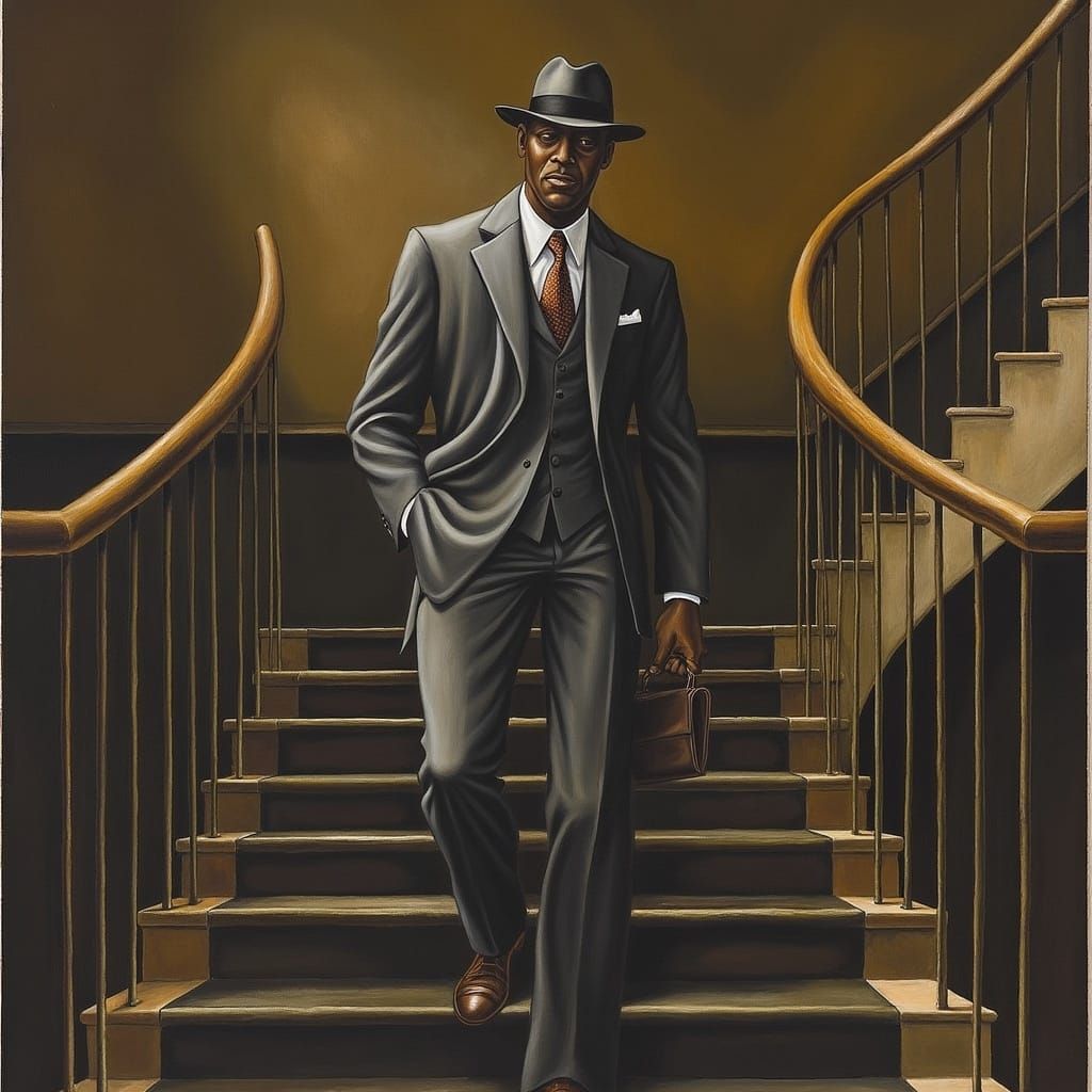 Debonair Man in Suit Descending Grand Staircase
