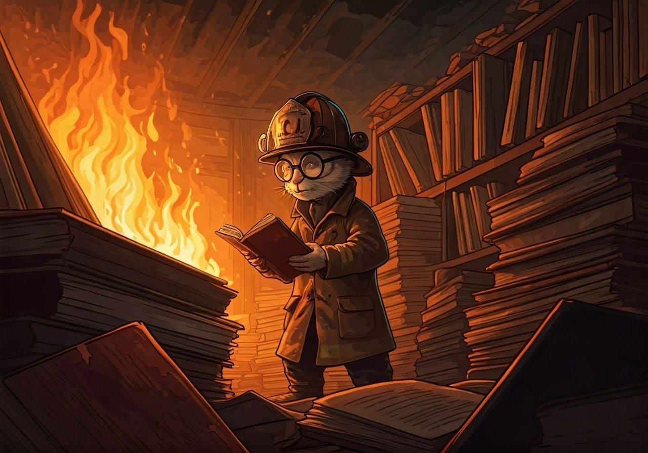 Anthropomorphic Rabbit Plucks Book from Burning House in Dys...