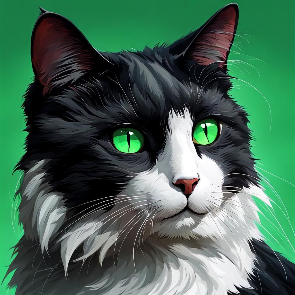 Monochrome Cat Portrait with Green Eyes