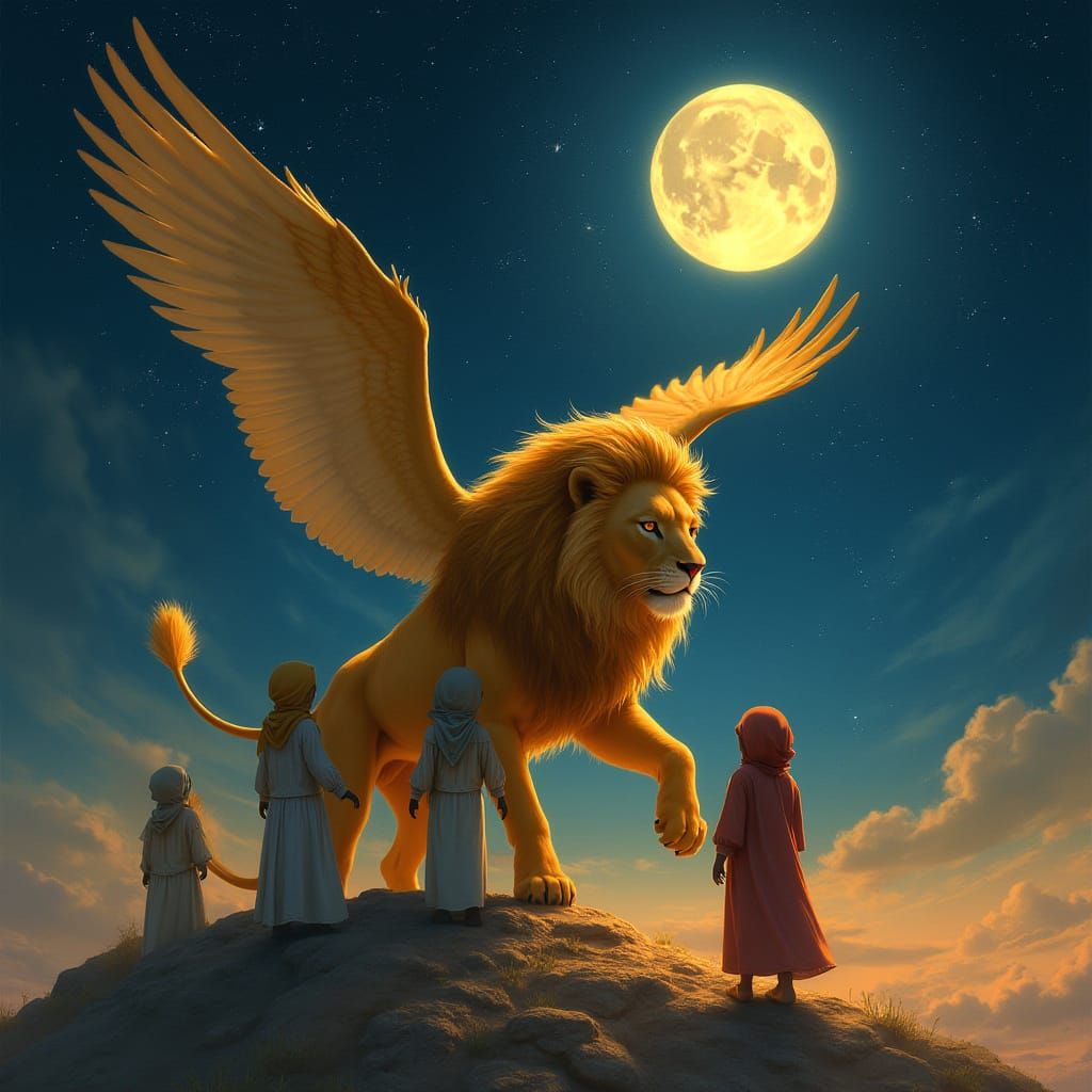 Golden Lion Soars Through Celestial Yemen Night