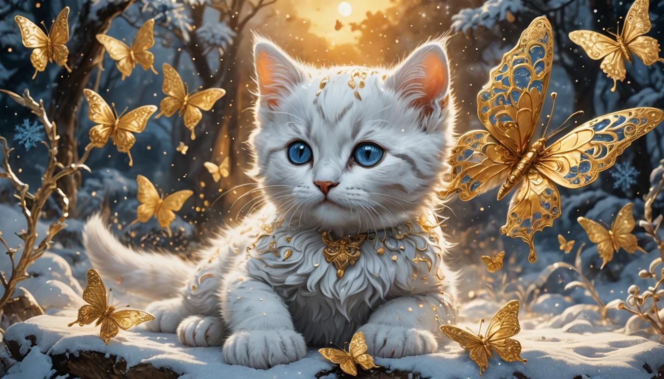 White Kitten with Golden Butterfly in Snowy Landscape