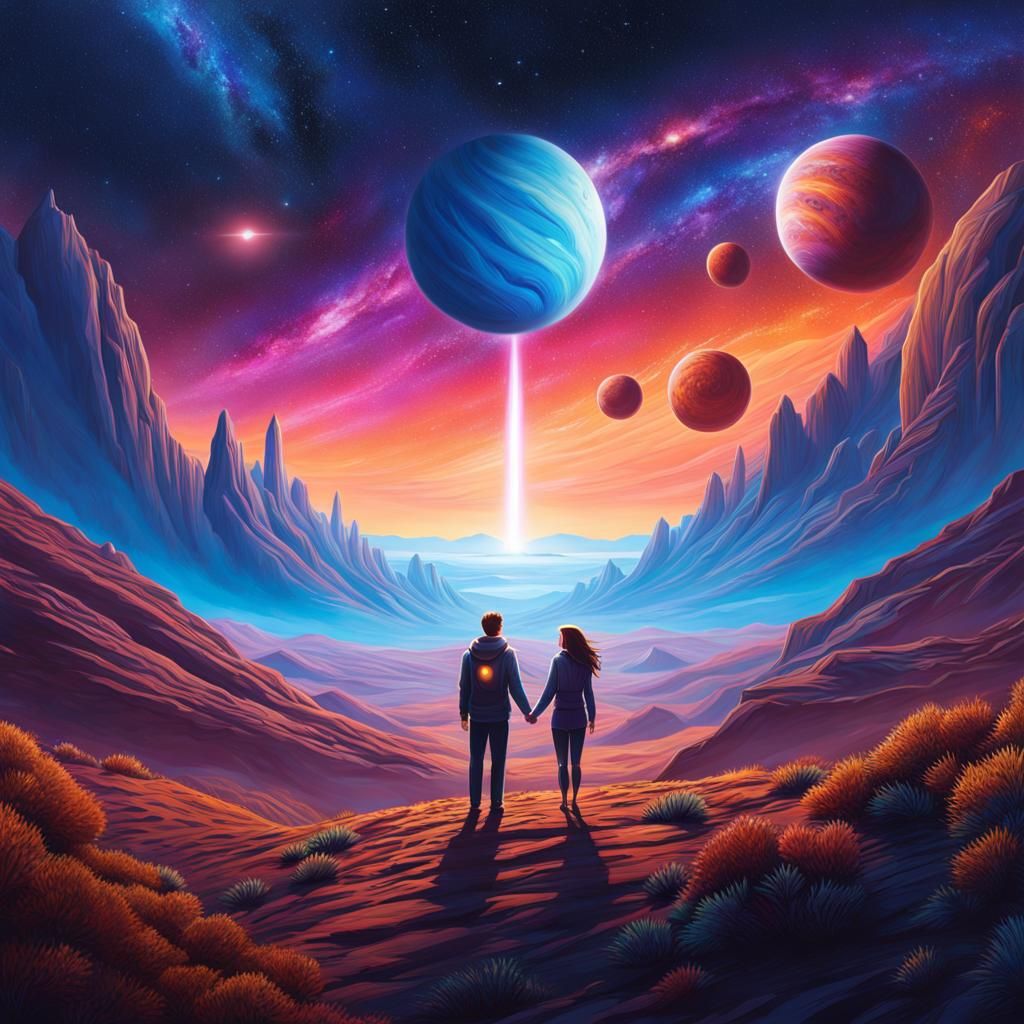 Couple Gazing at Galaxy on Alien Planet