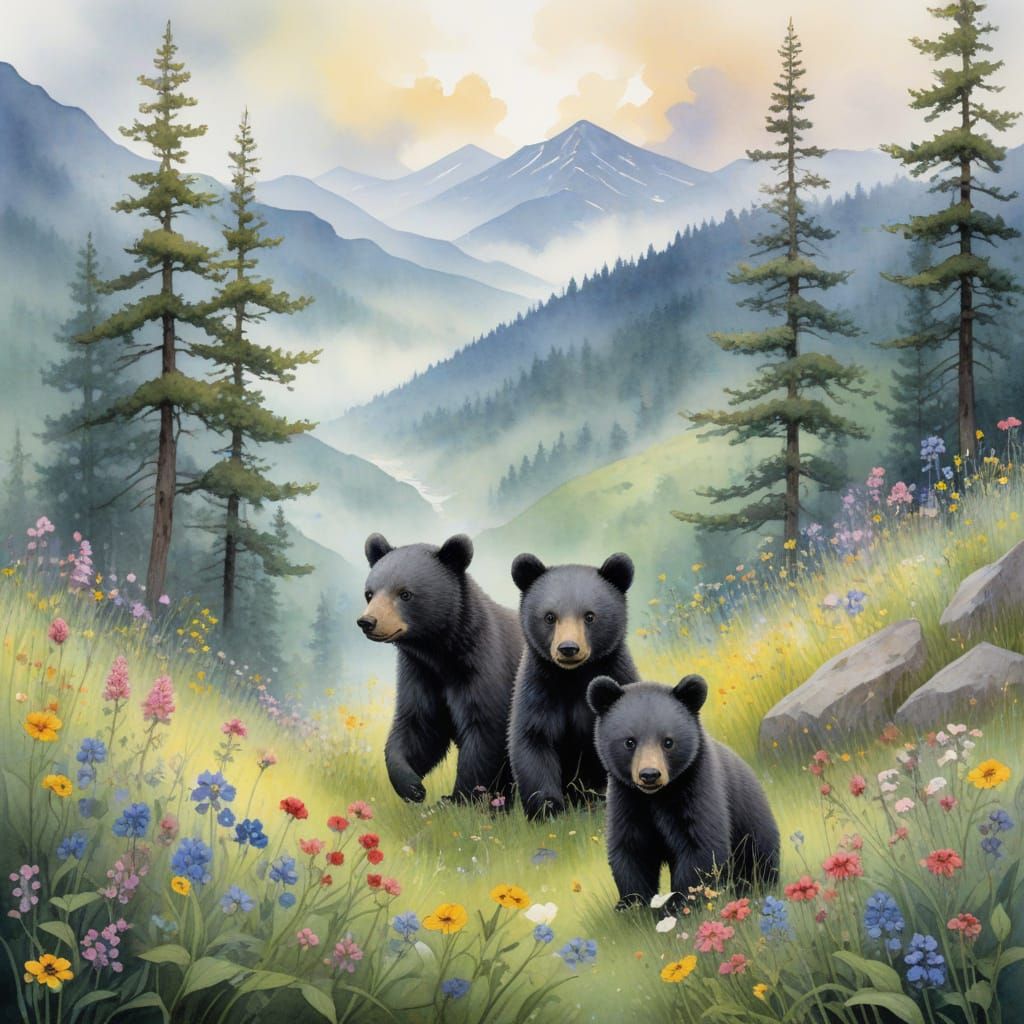 Vibrant Smoky Mountain Spring Landscape with Frolicking Blac...