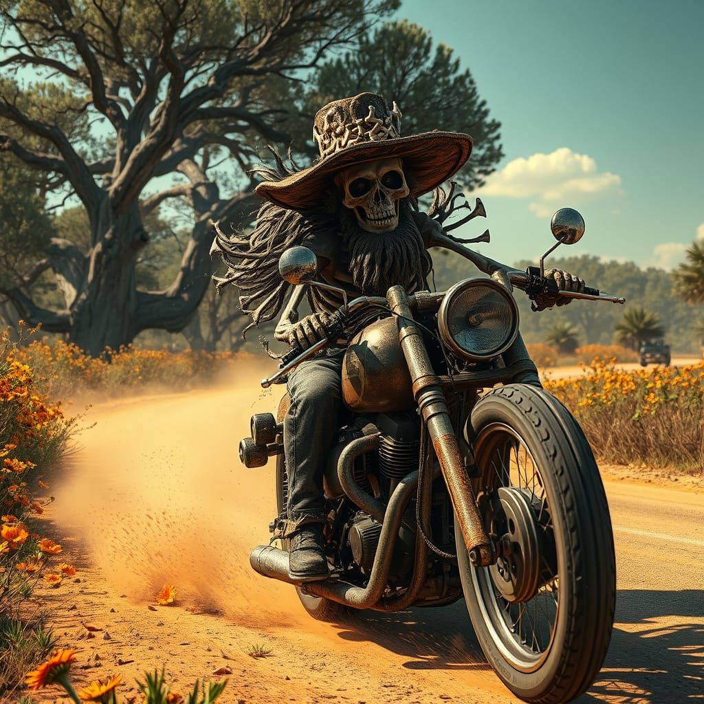 Grizzled Skeleton Biker Rides Texas Hill Country