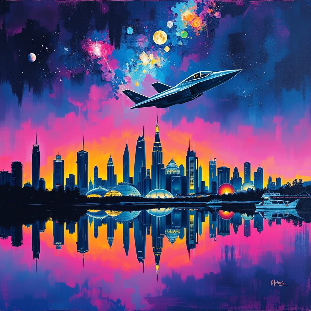 Stealth Fighter Over Sci-Fi City in Abstract Oil Painting St...
