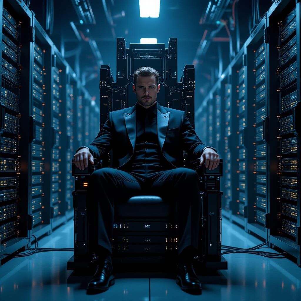 Cyberpunk King on Server Throne in Data Center