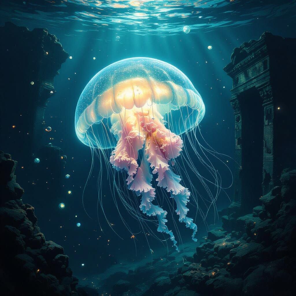 Bioluminescent Jellyfish Drifting Through Sunken Ruins