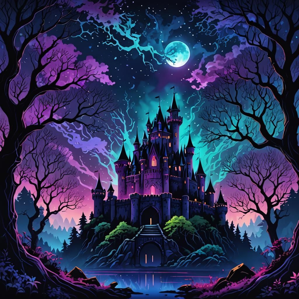 Magical Night Scene with Ancient Castle in Digital Art
