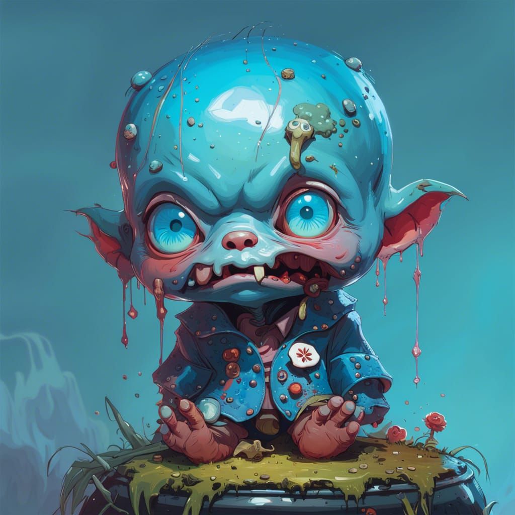 Adorable Cerulean Zombie Baby Portrait in Chibi Style
