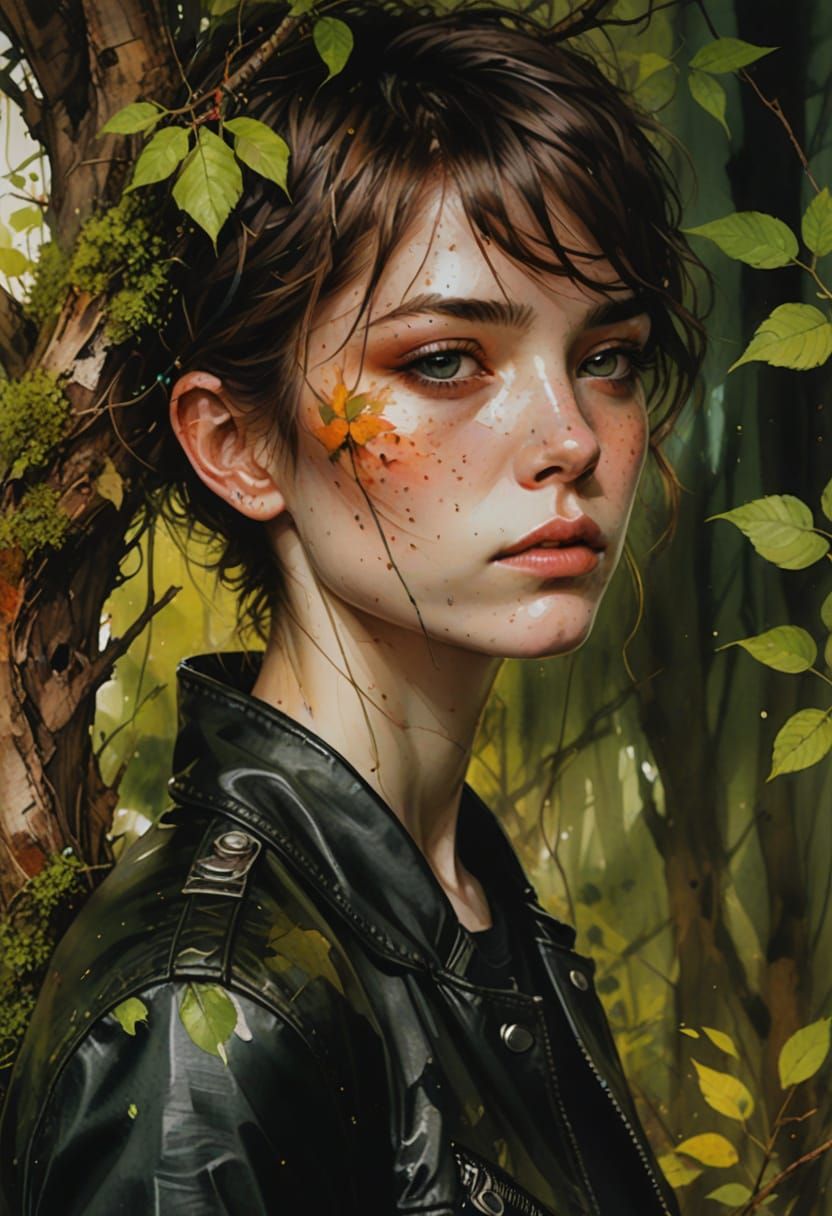 Boy in Watercolour with Bird and Branches