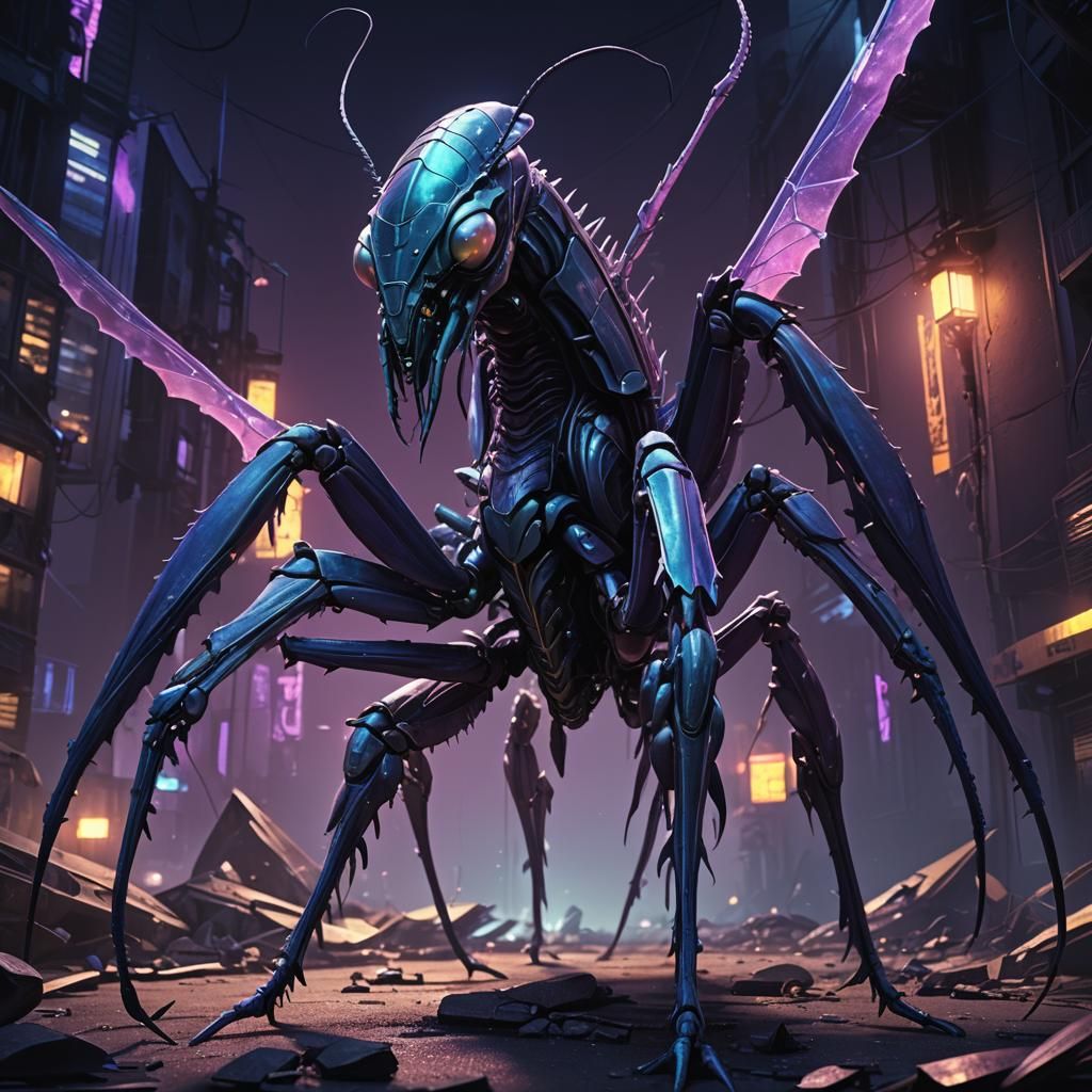 Neon Doomsday Mantis in Style of Syd Mead