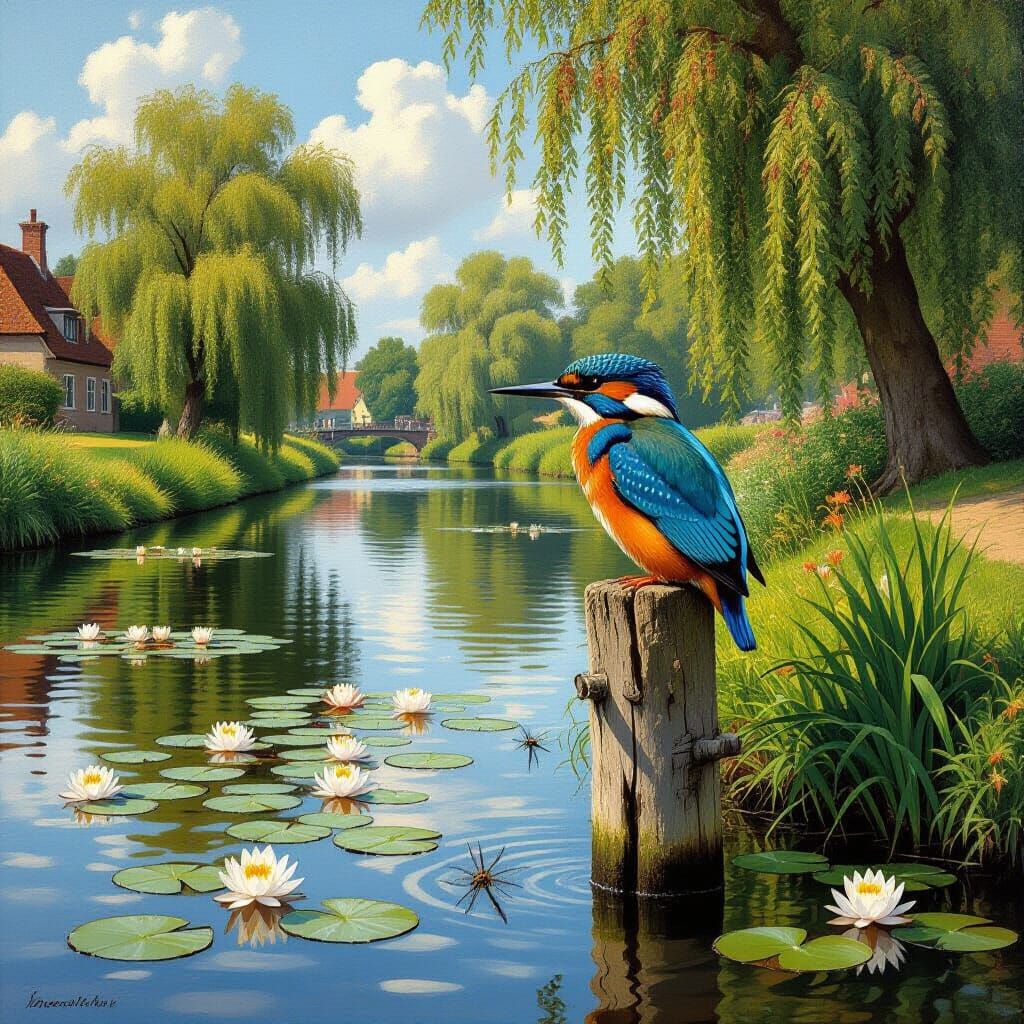 Kingfisher by River in Dutch Golden Age Style