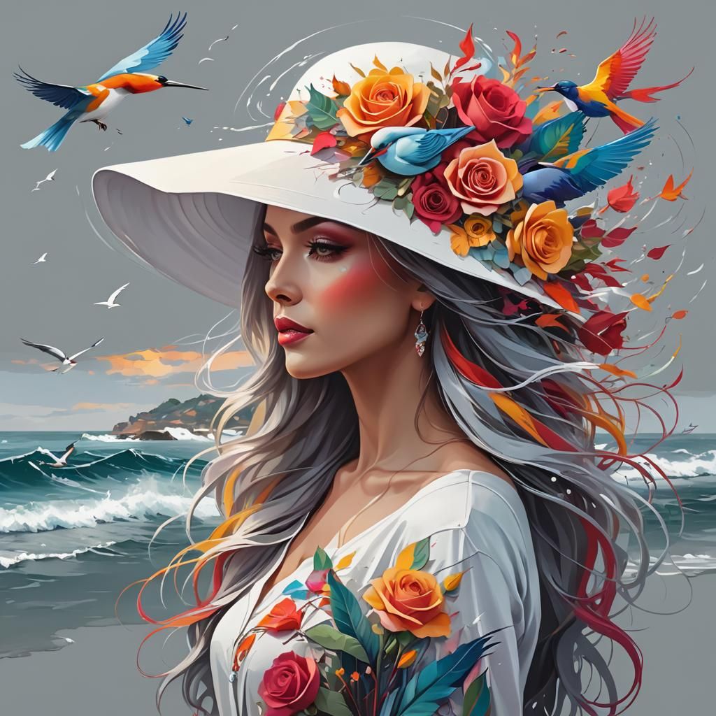 Elegant Woman with Bird and Rose Hair by the Sea