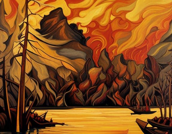 Canadian Wildfire Landscape Painting in Warm Tones