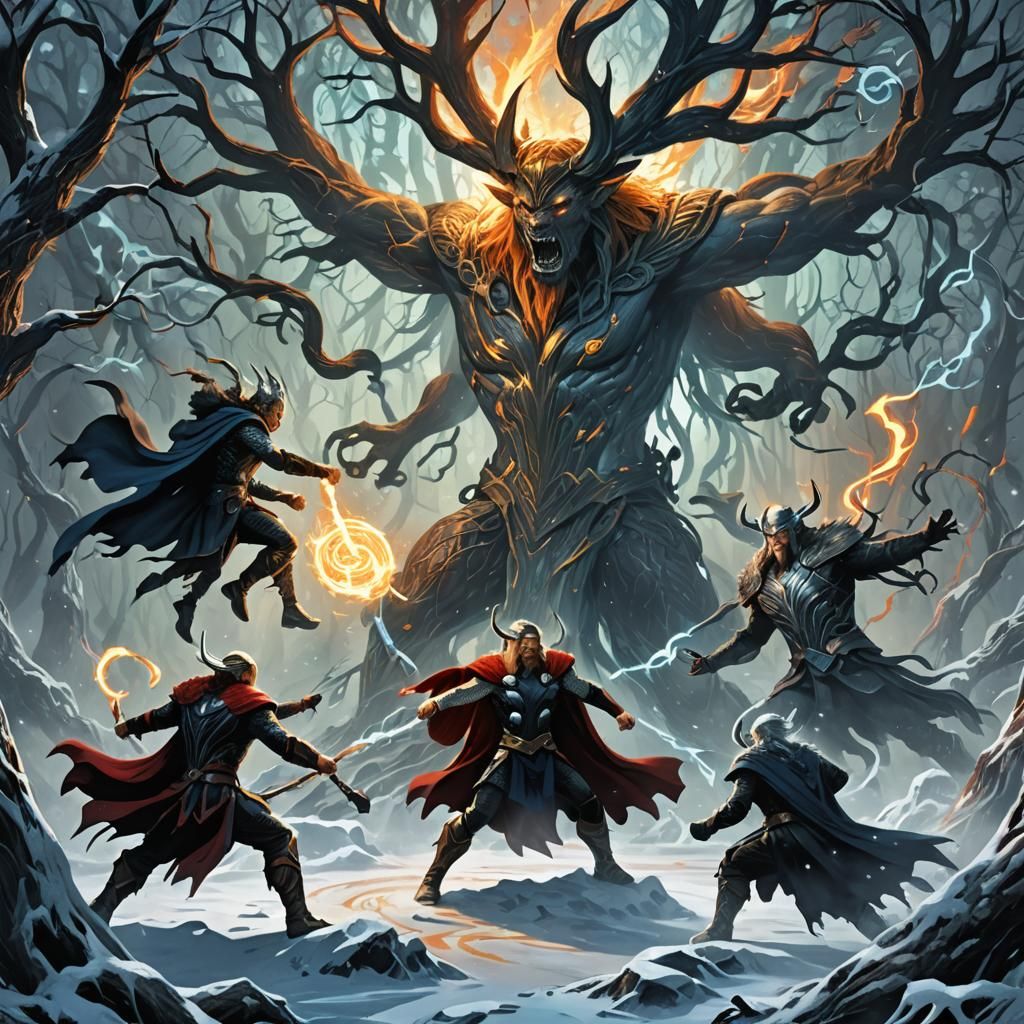 Thor and Loki Duel Before Yggdrasil in Fantasy Art