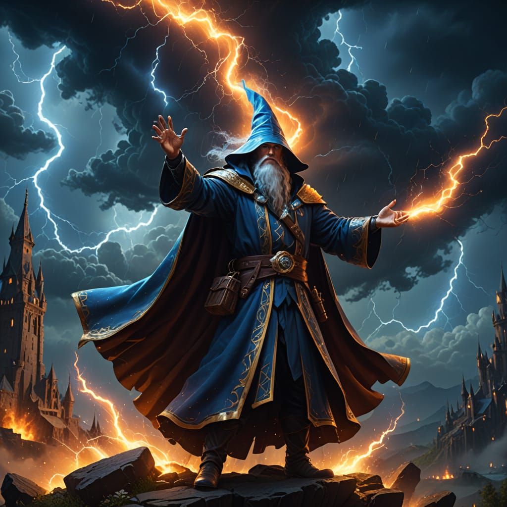 Wizard Standing in Thunderstorm with Arms Raised in Epic Oil...