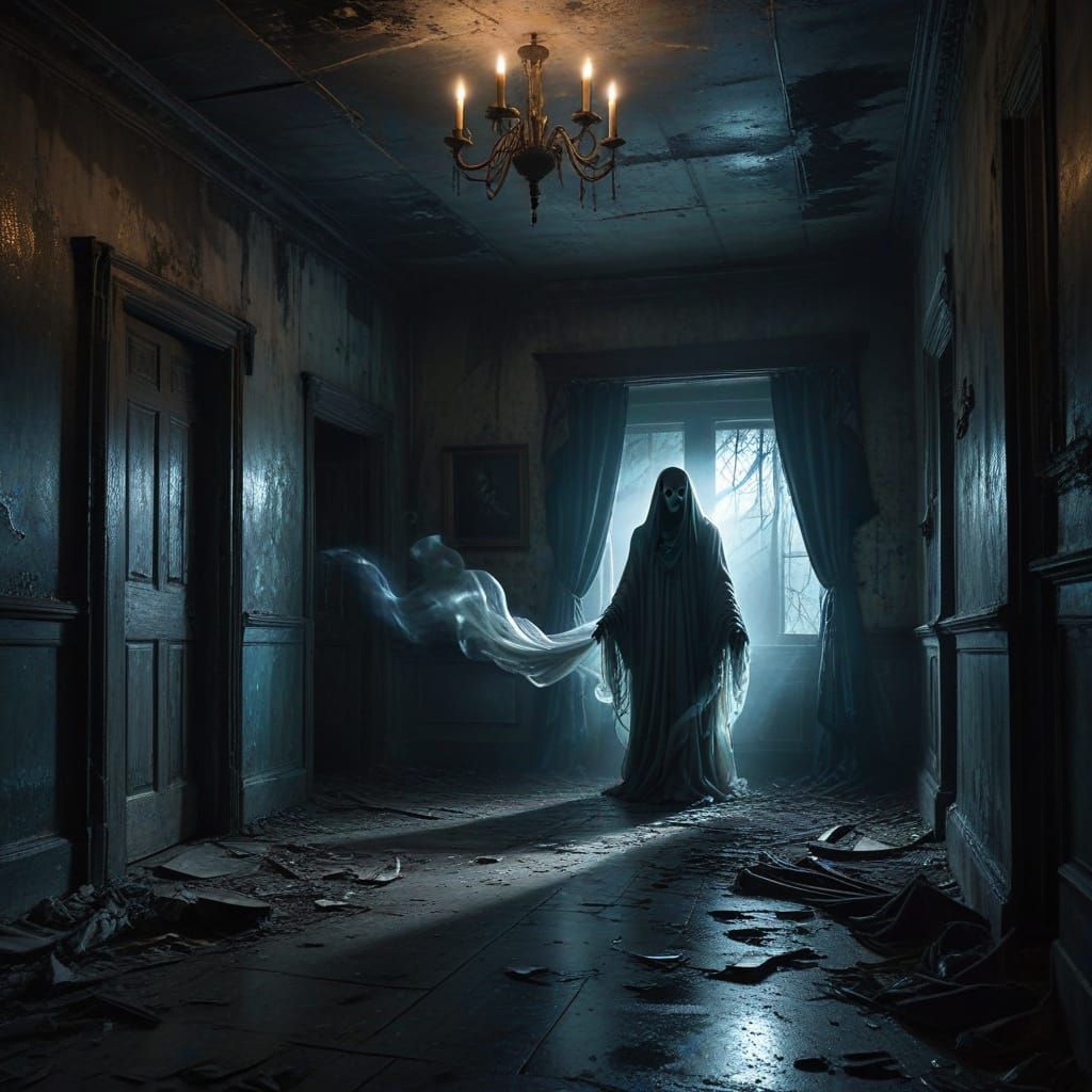 Eerie Ghost in Abandoned Hallway: Surreal Oil Painting