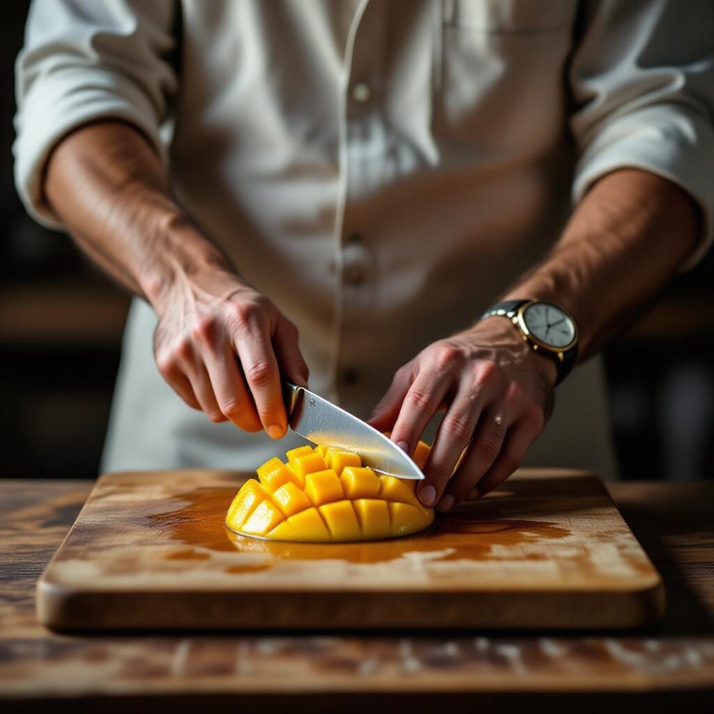 Hyperrealistic Mango Slicing Still Life