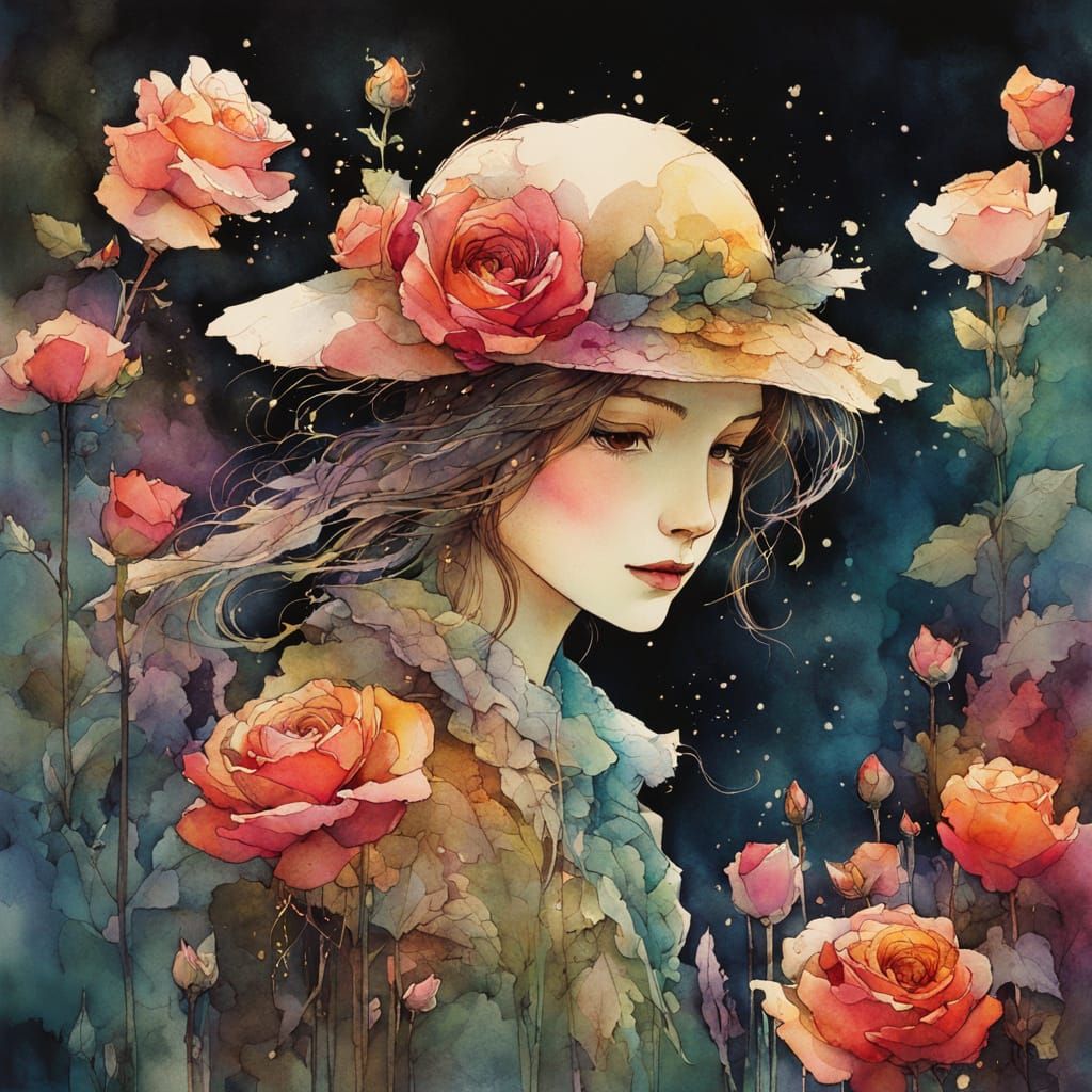Woman Among Colorful Roses in Solarpunk Style