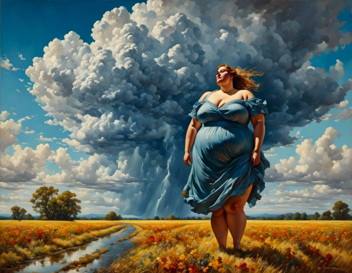 Sad Woman in Sunny Sky: Detailed Painting