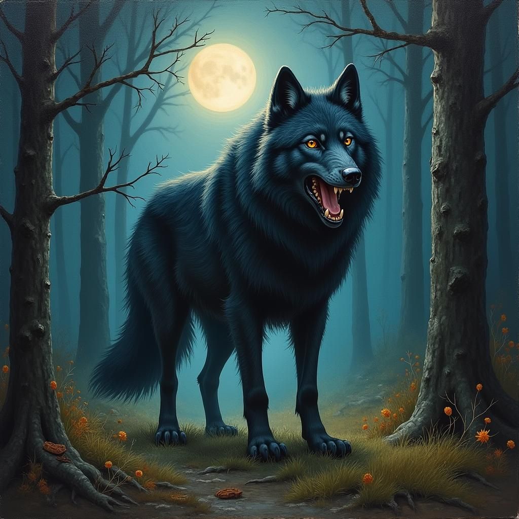 Shadow Wolf in Moonlit Forest, James Gurney Style