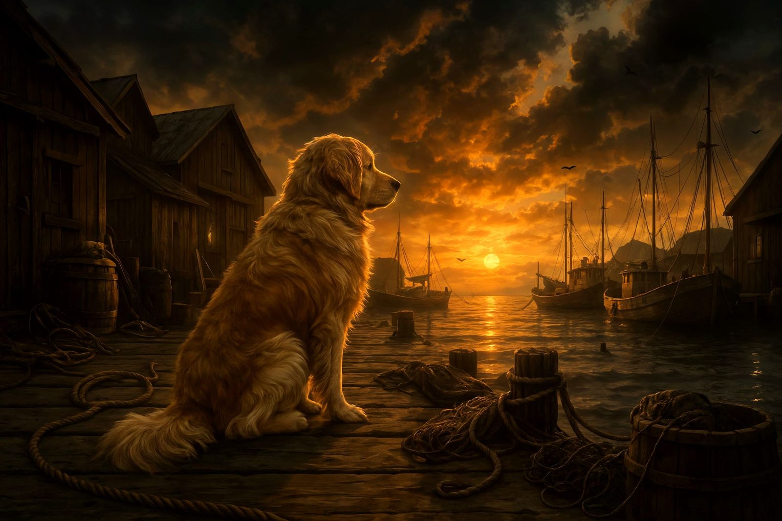 Golden Retriever at Sunset in Rustic Harbor