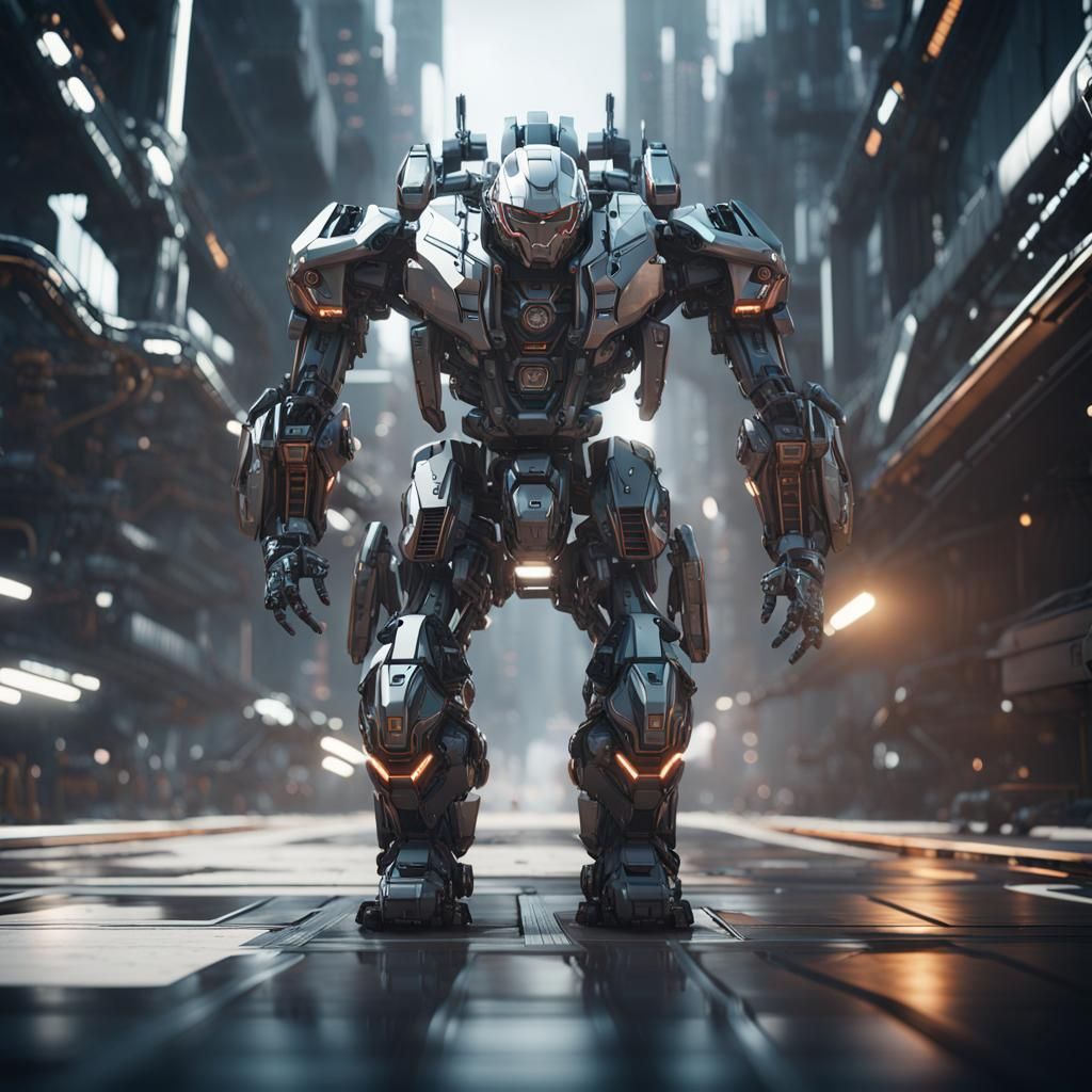 Man Driving Intricate Mech Suit in Sci-Fi Cityscape