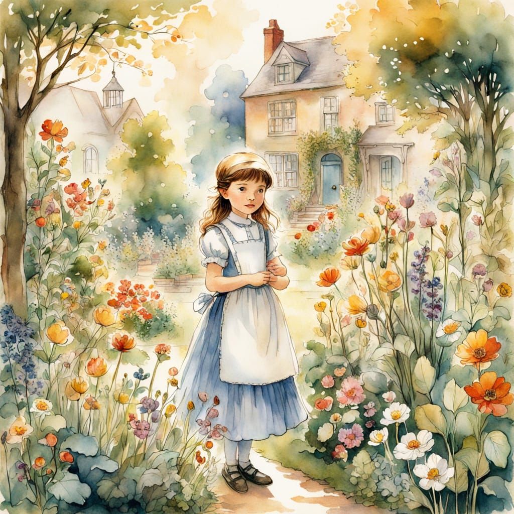 Whimsical Victorian Girl in a Lush Garden Scene