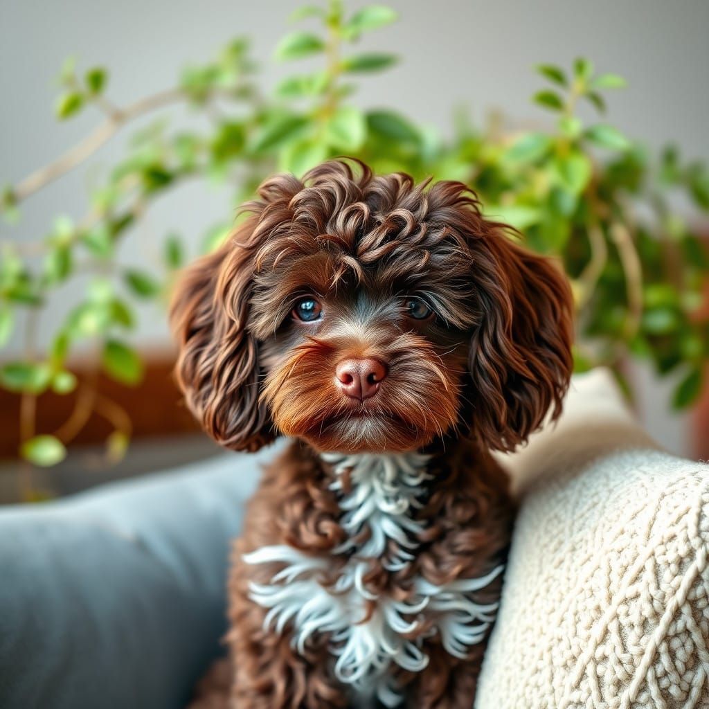 Cute Chocolate Poodle Mix Sitting on a Plush Couch with a Lu...